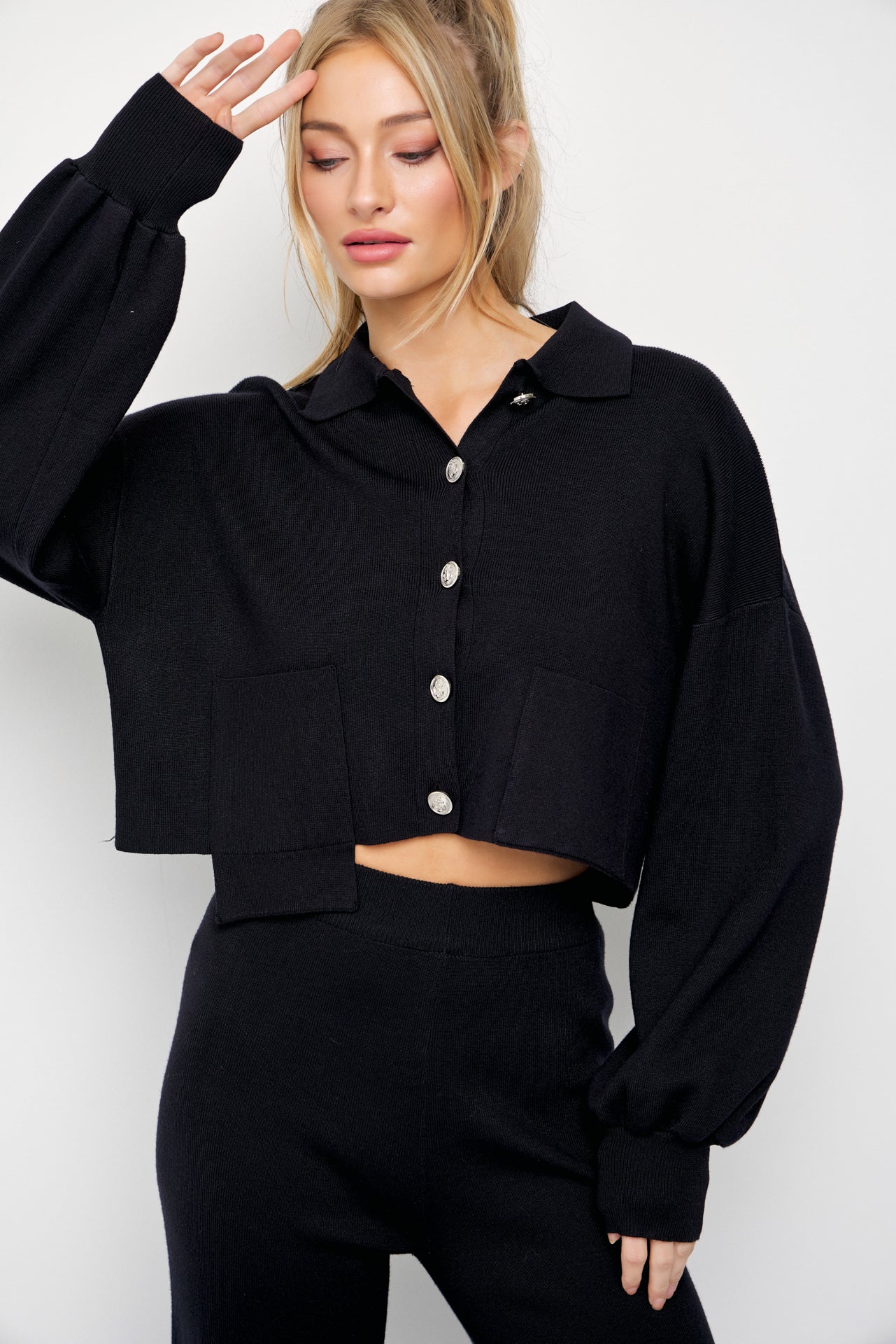 Brielle Knit Crop Asymmetrical Hem Cardigan and Pants Set