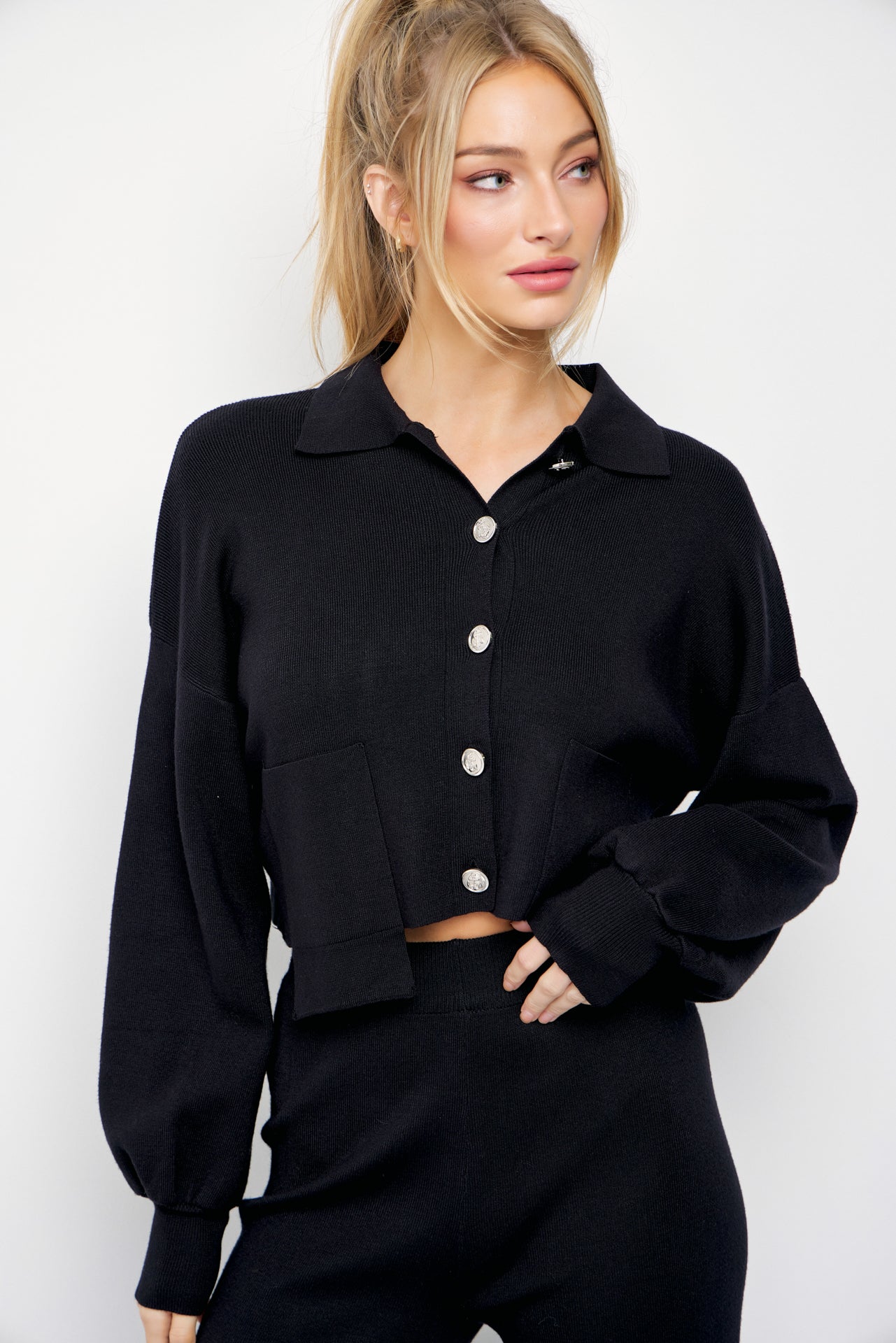 Brielle Knit Crop Asymmetrical Hem Cardigan and Pants Set
