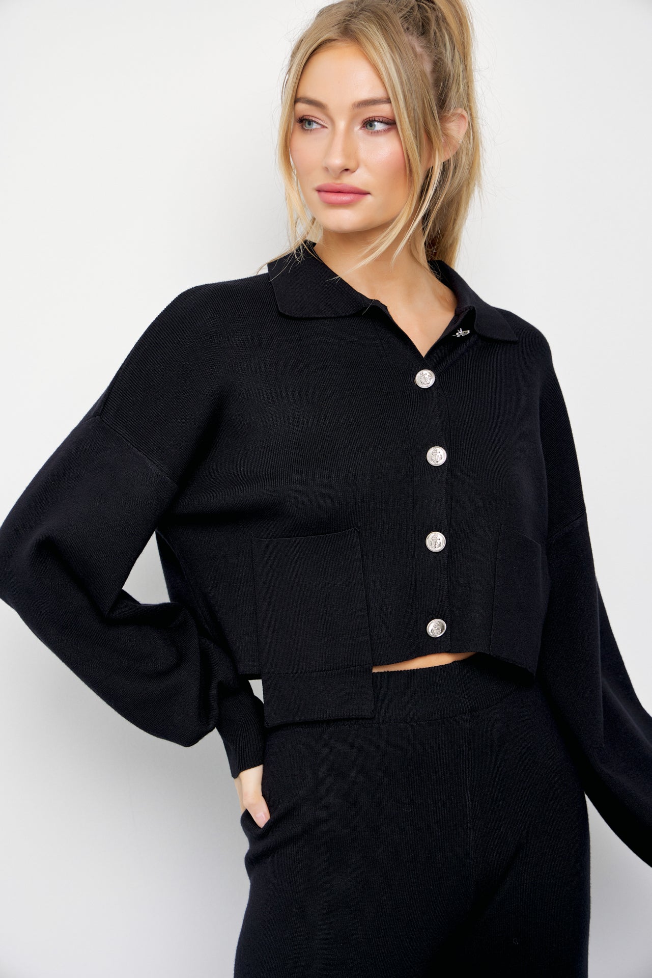 Brielle Knit Crop Asymmetrical Hem Cardigan and Pants Set