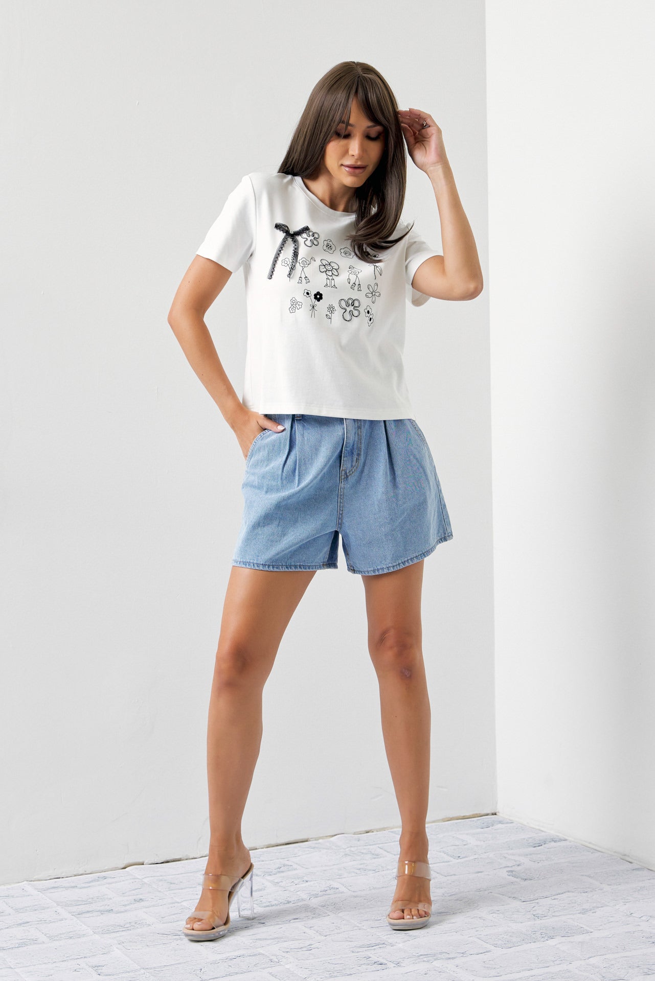 Cute Doodles T-Shirt with Pearls & Ribbon