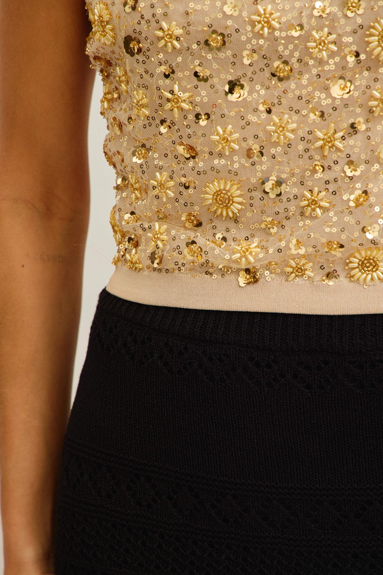 Beaded Blossom Knit Sleeveless Crop Top
