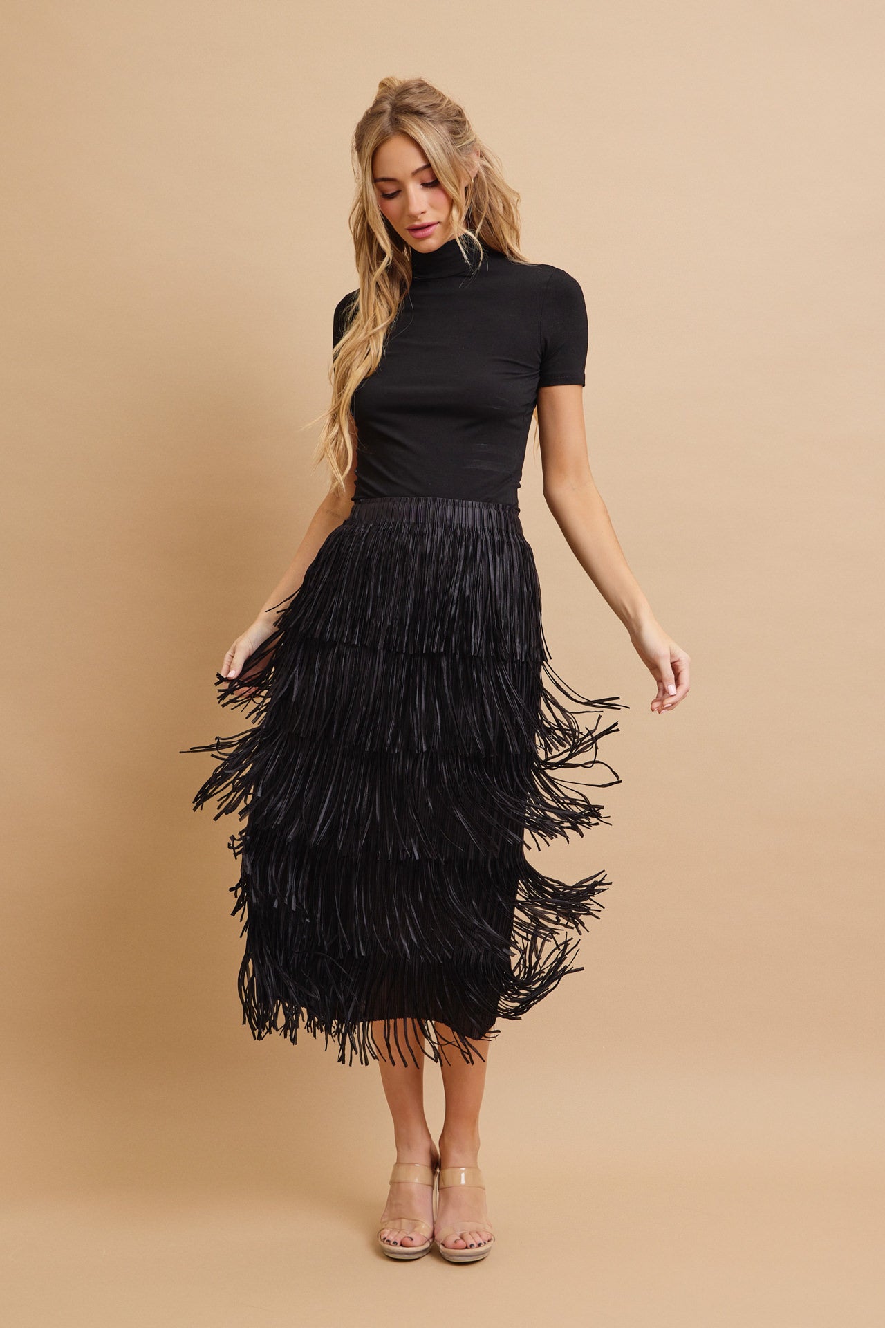Tiered Fringe Skirt With Elastic Waist