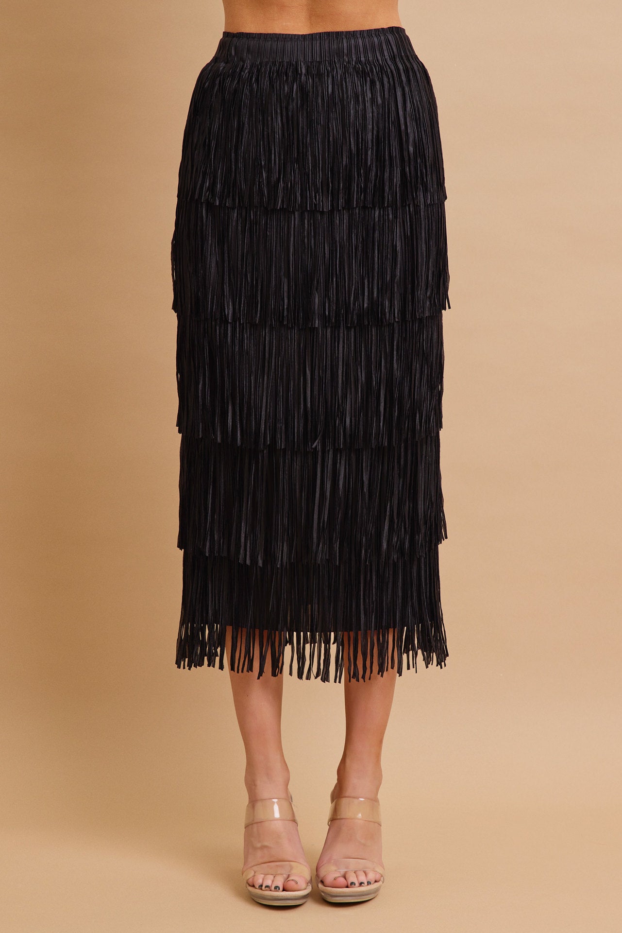 Tiered Fringe Skirt With Elastic Waist