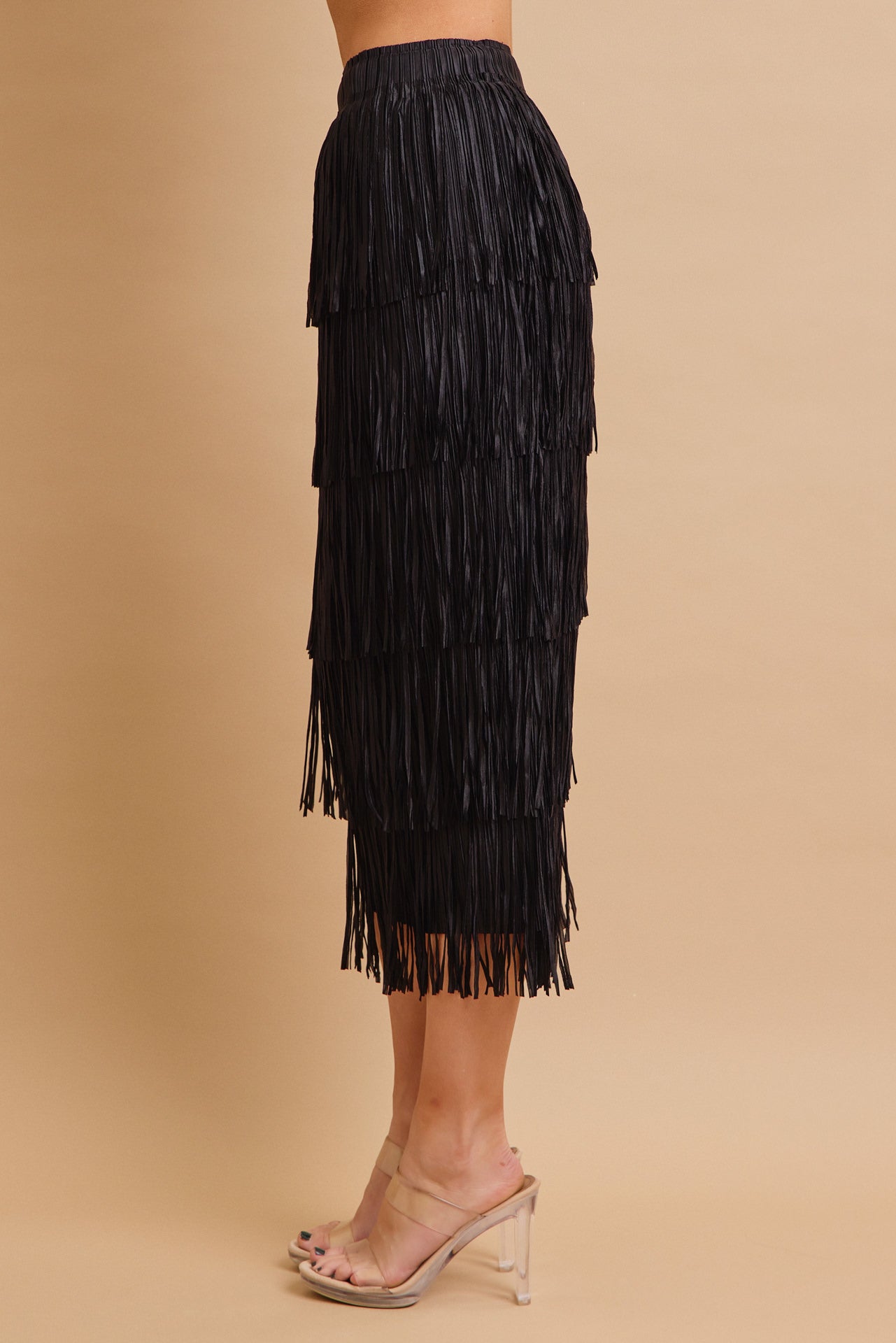 Tiered Fringe Skirt With Elastic Waist