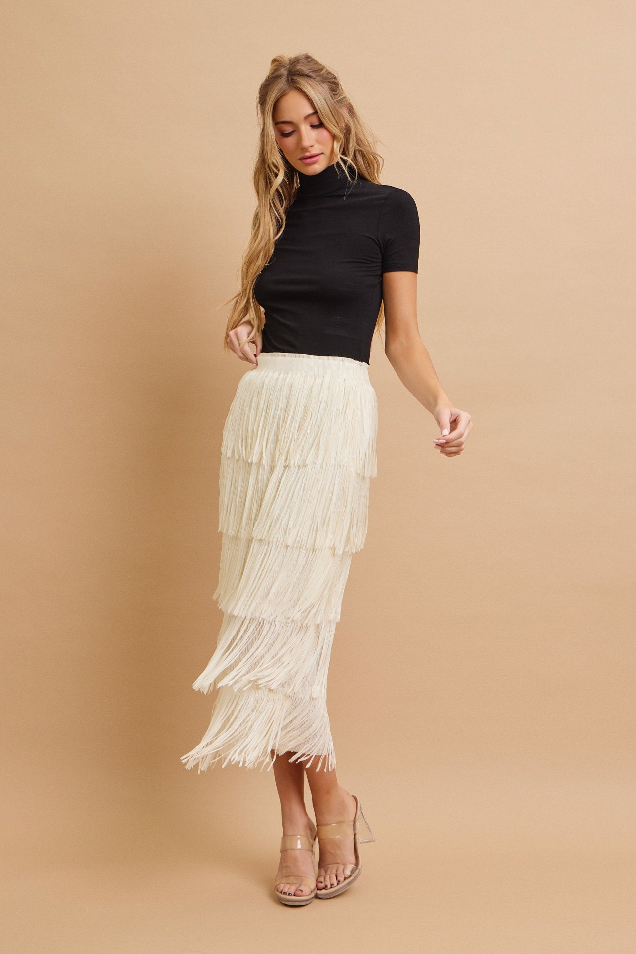Tiered Fringe Skirt With Elastic Waist