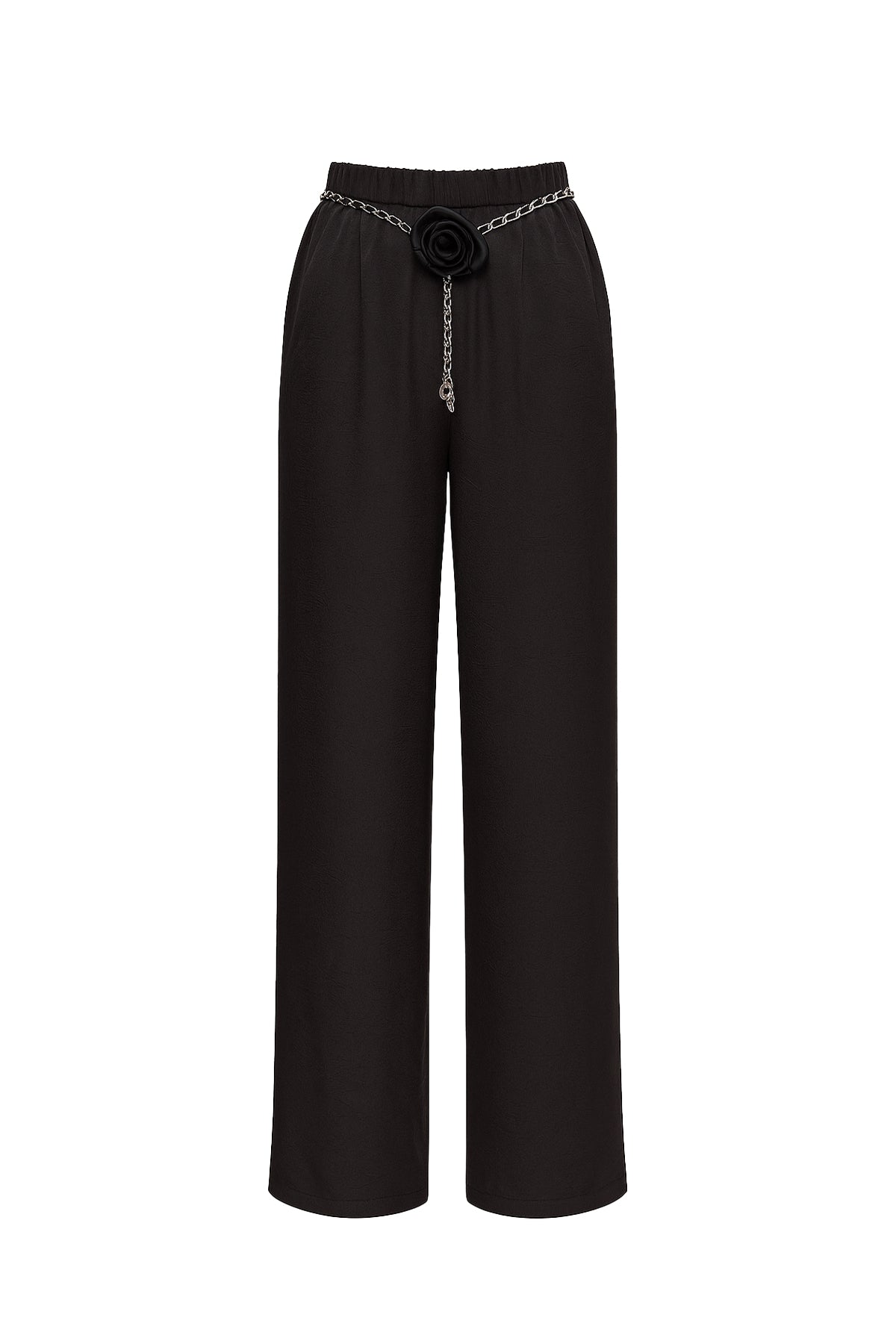 Grace Woven Pants With Elastic Waist And Rosette Chain Belt