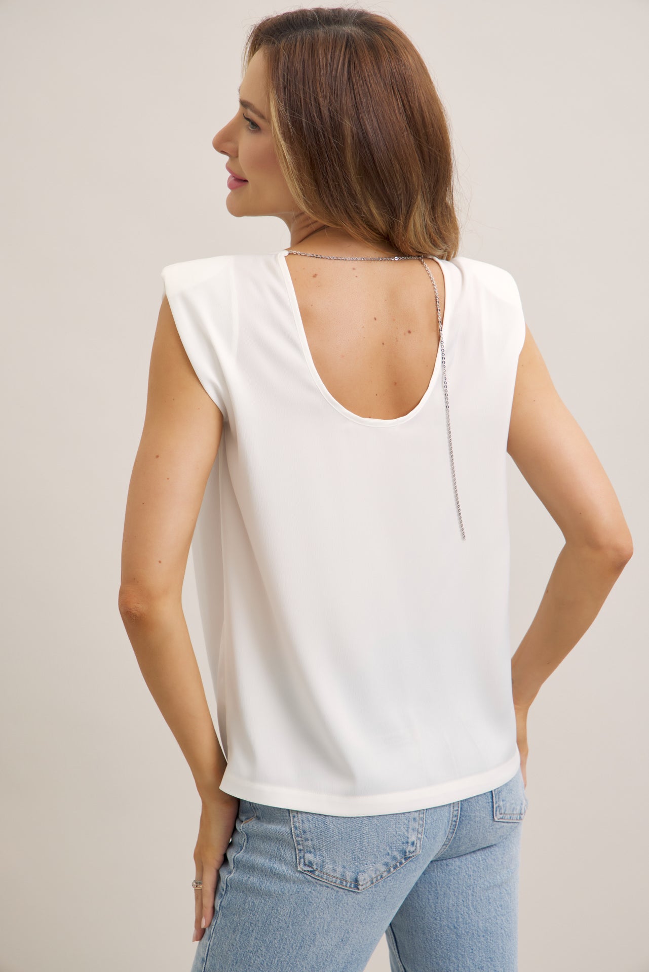 Chain-linked Sleeveless Top With Shoulder Pads