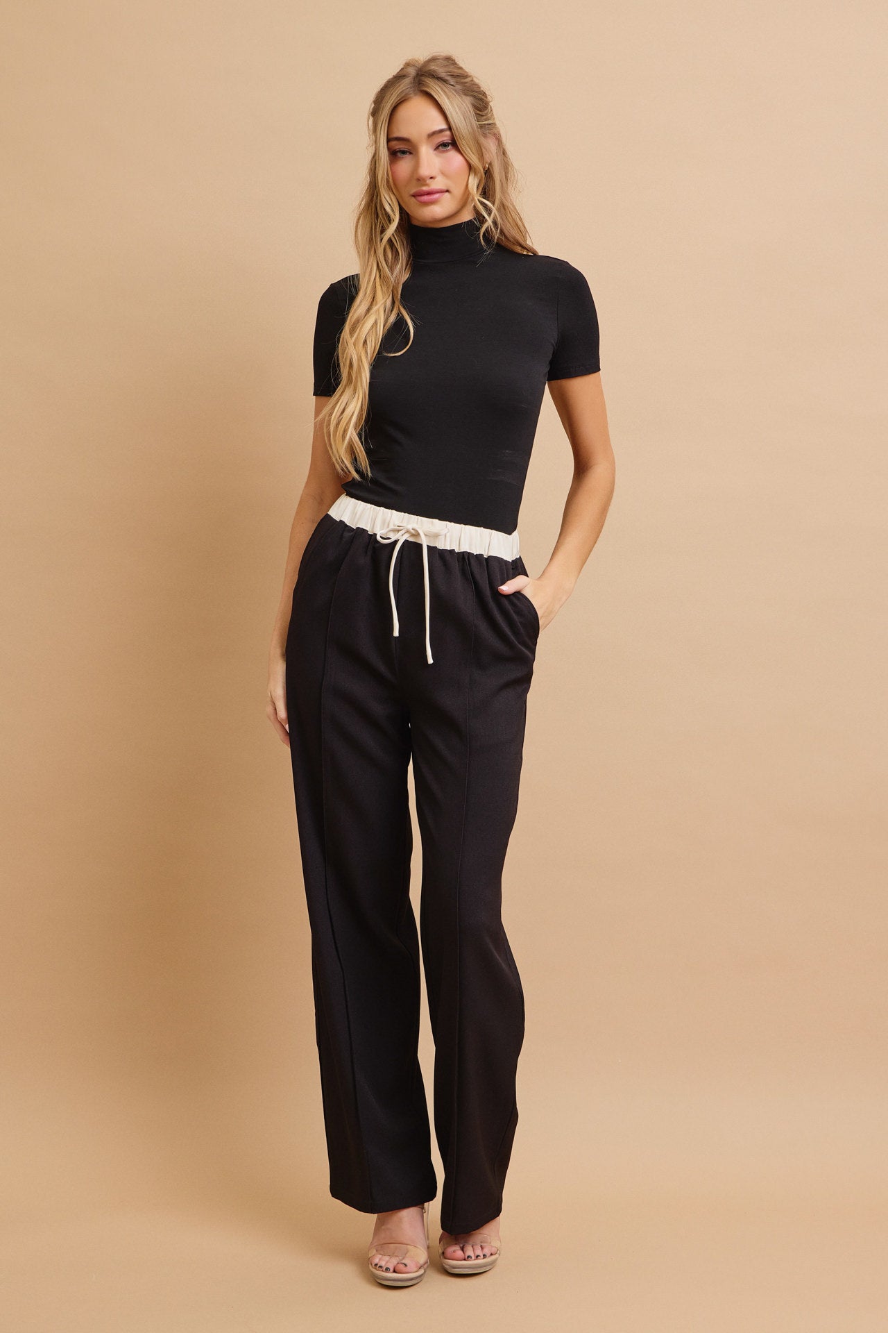 Zinnia Woven Pants with Contrast Waist Band and Drawstring