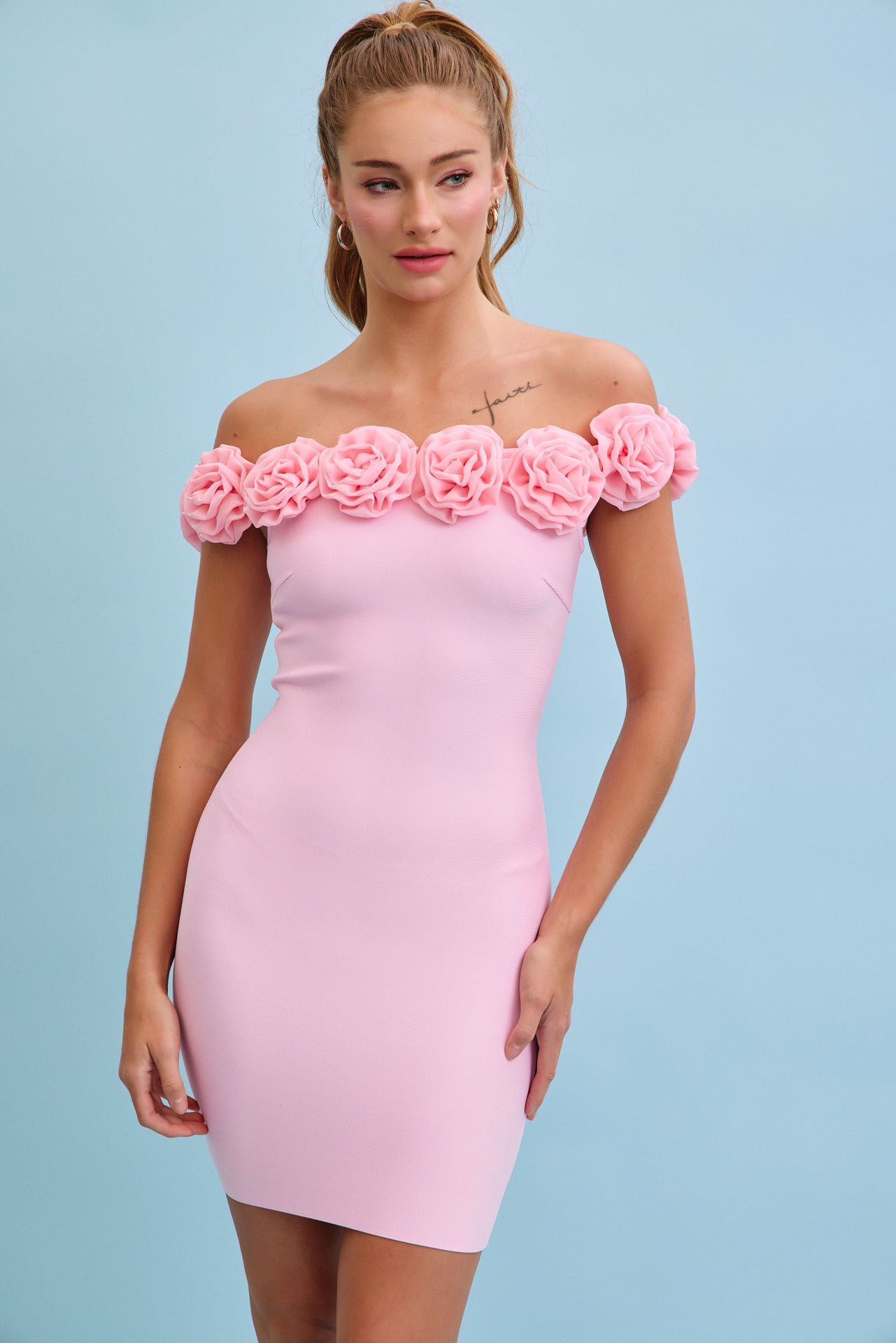 Off-Shoulder Bloom Bandage Rosette Dress
