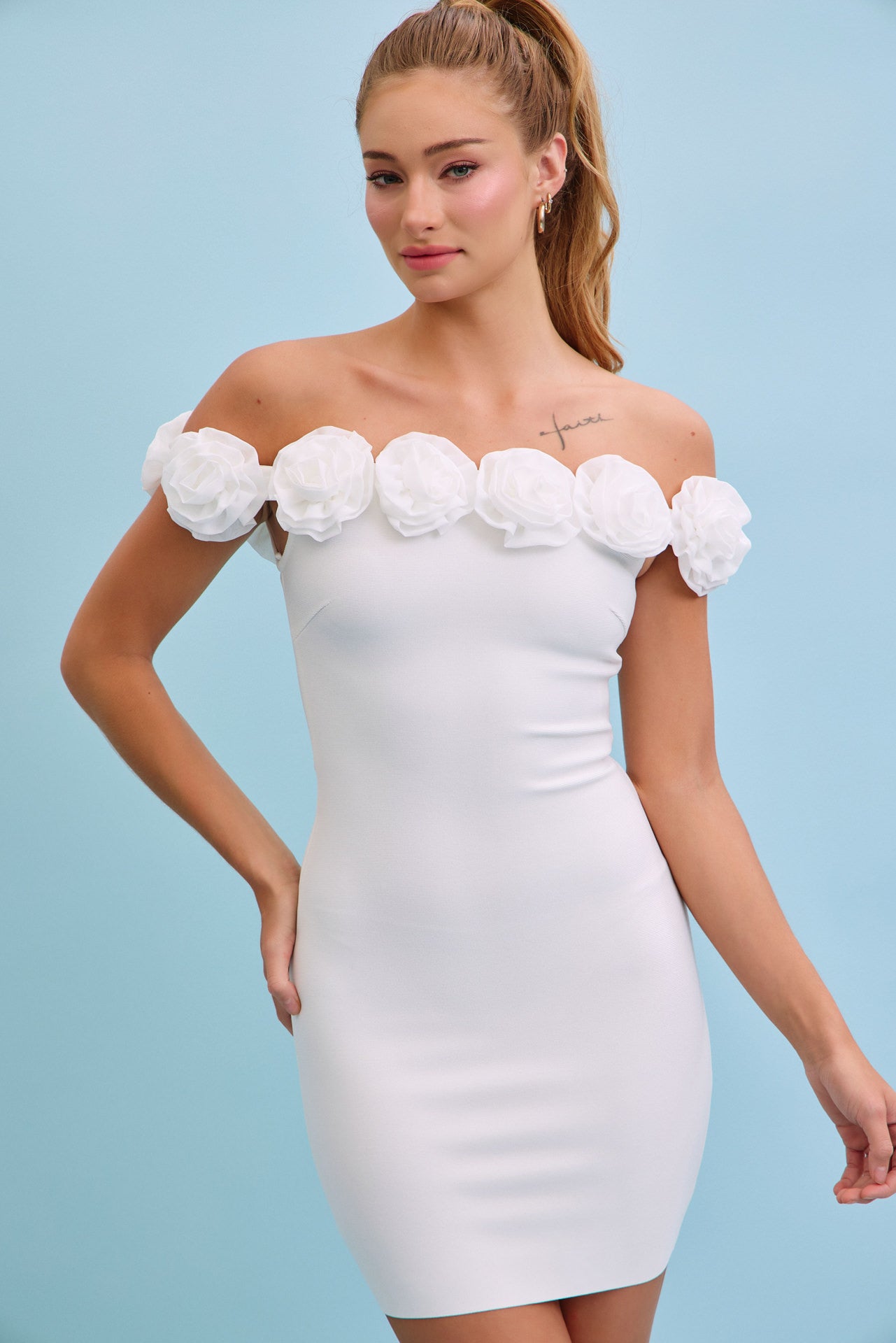 Off-Shoulder Bloom Bandage Rosette Dress