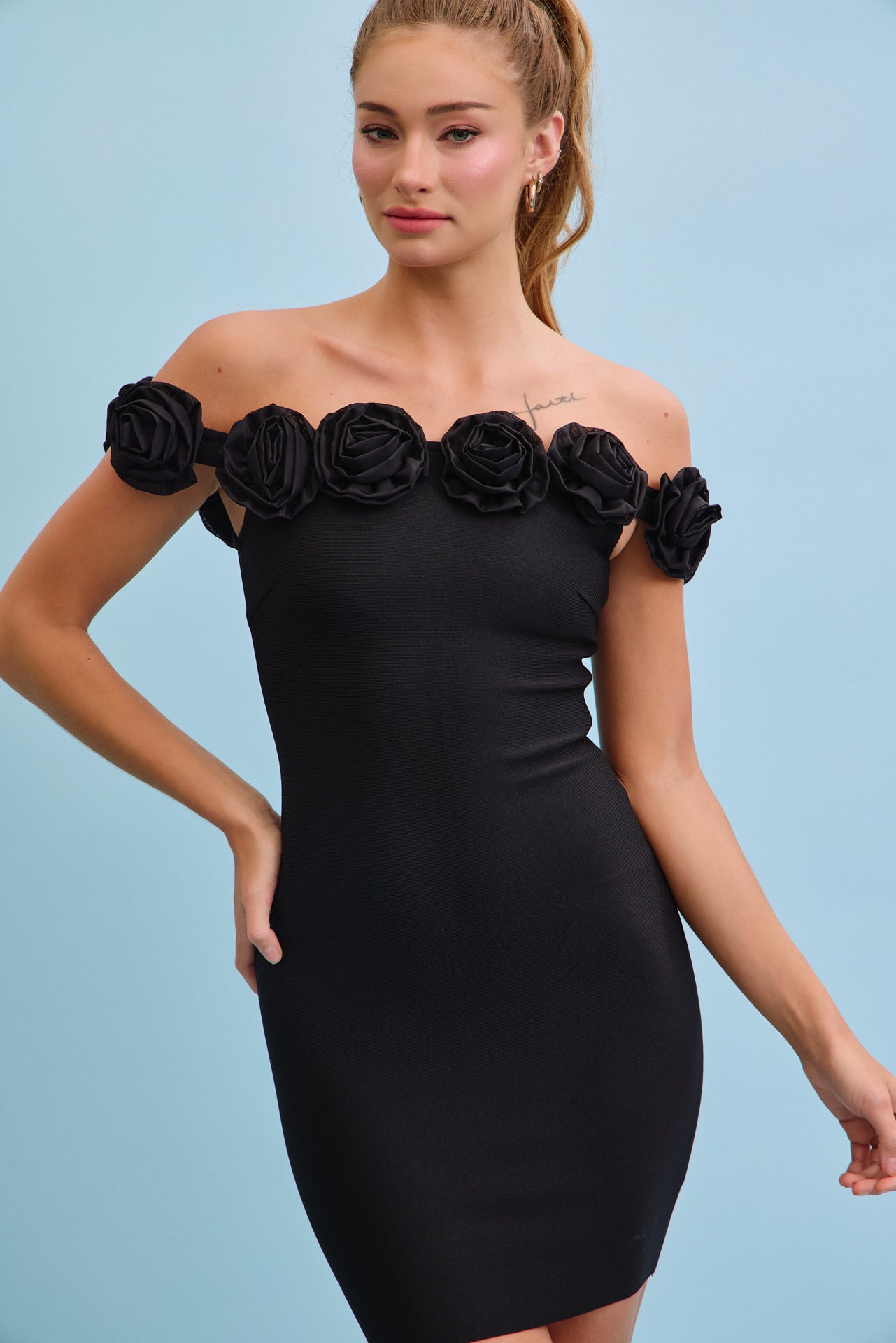 Off-Shoulder Bloom Bandage Rosette Dress