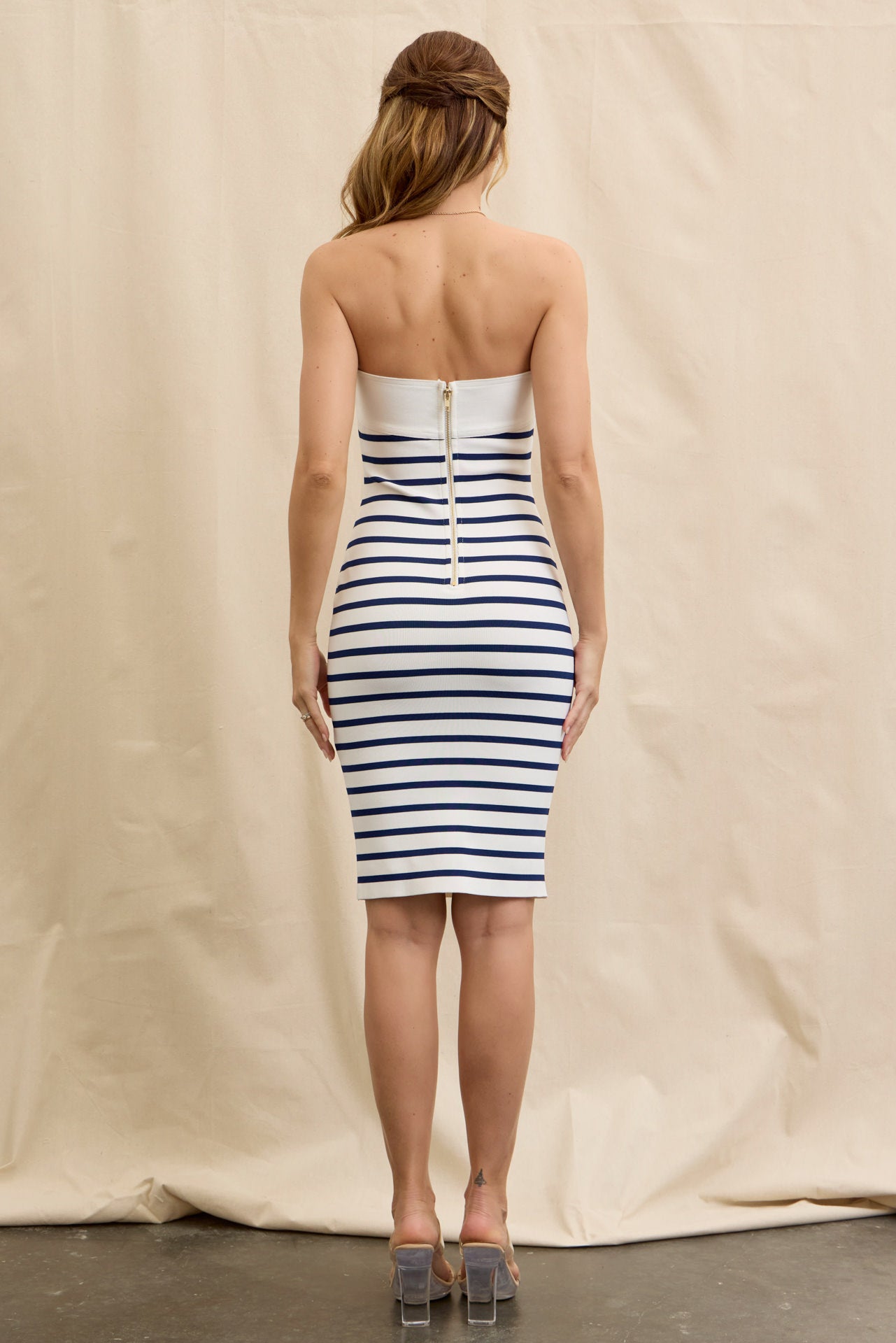 Stripes & Sculpt Bandage Tube Dress With Embossed Buttons