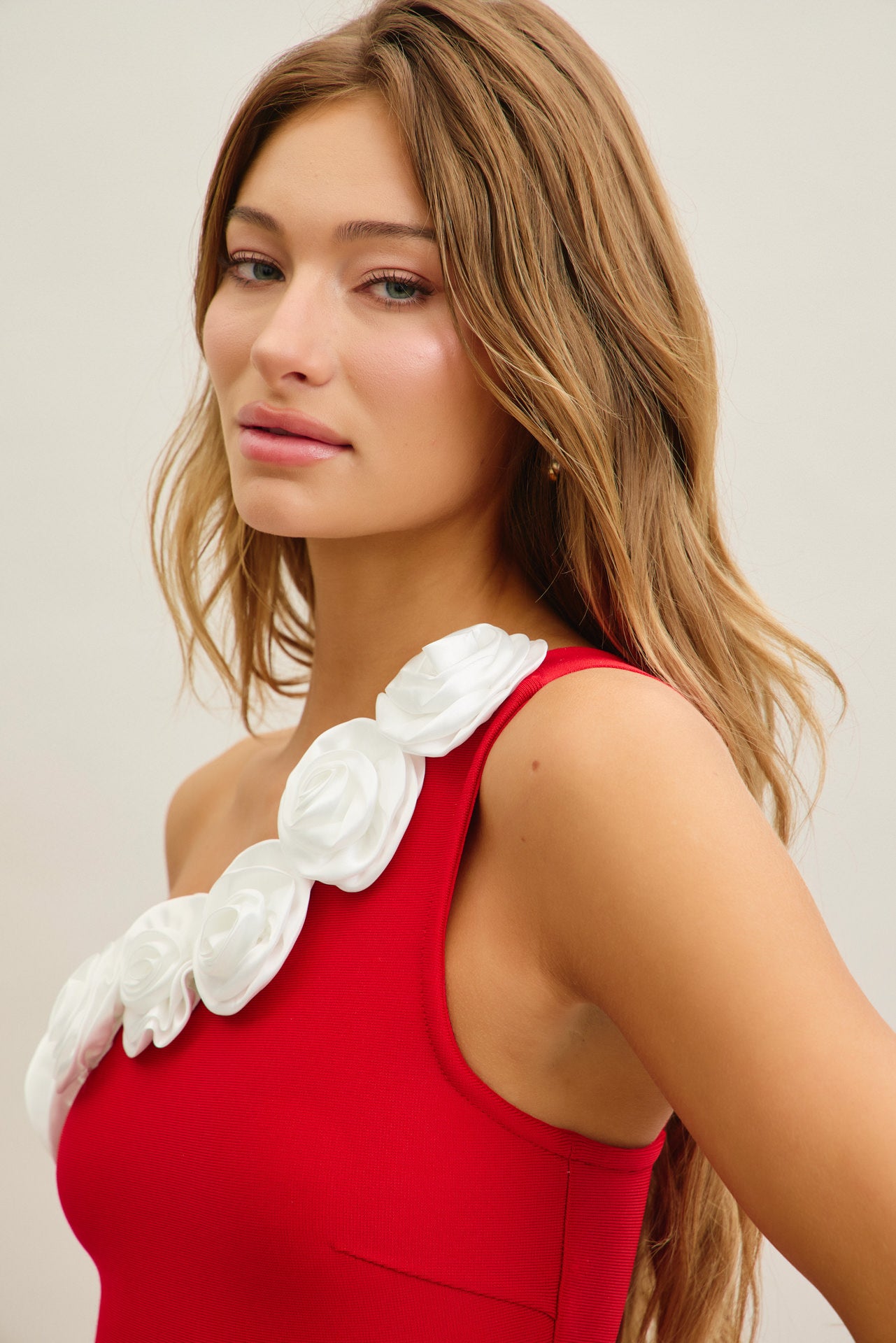 Rosette Elegance One-Shoulder Midi Dress