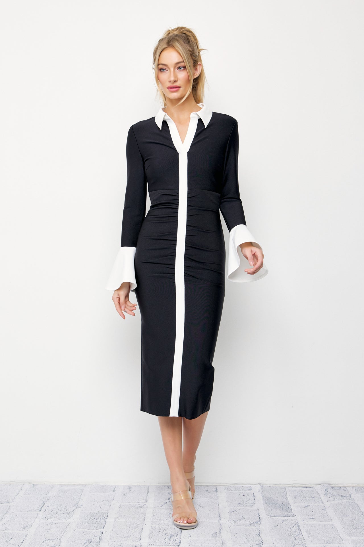 Aurelia Bandage Collar Long Sleeve Midi Dress with Contrast