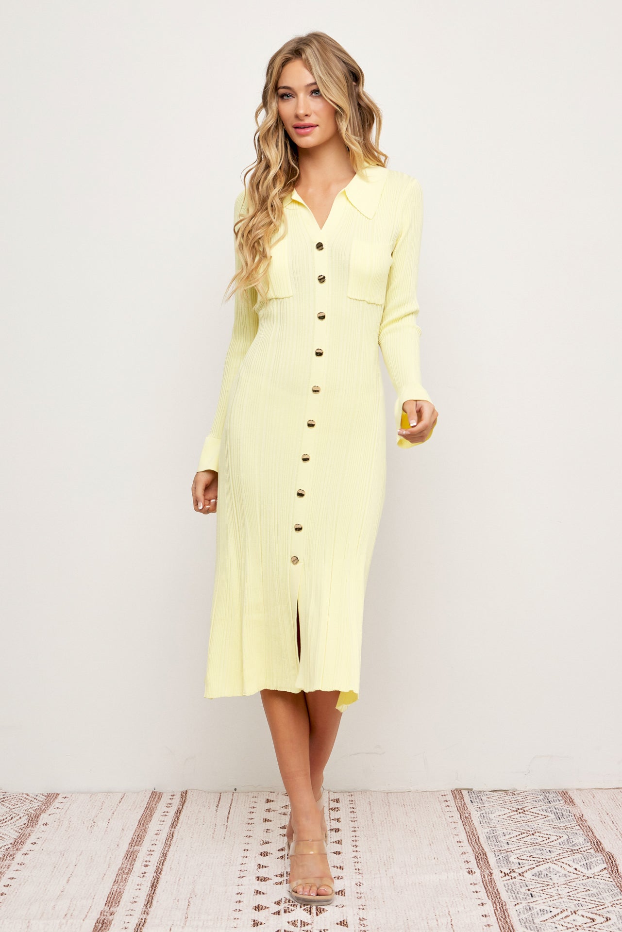 Cecilia Variegated Rib Knit Long Sleeve Collar Midi Dress