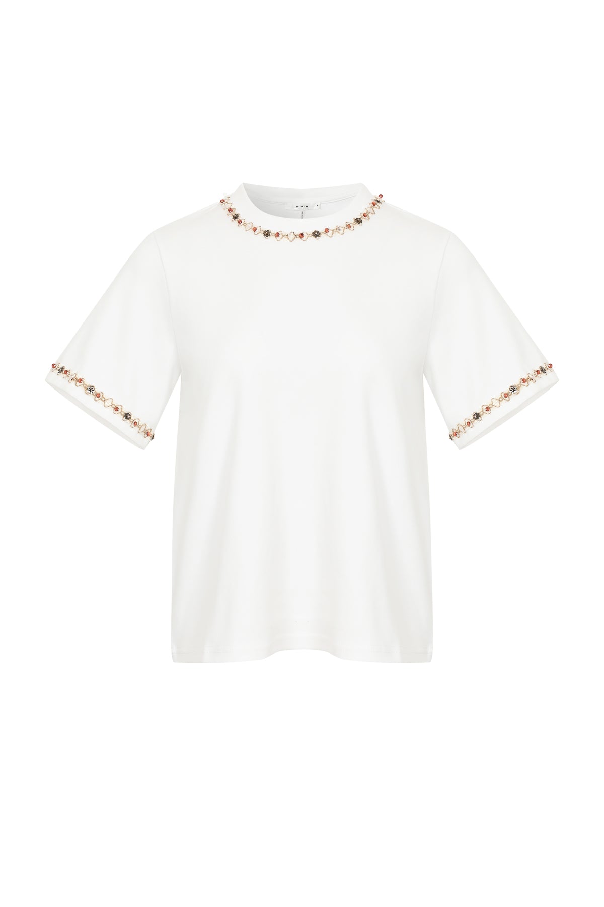 Flower Beaded Trim Knit Short Sleeve Top