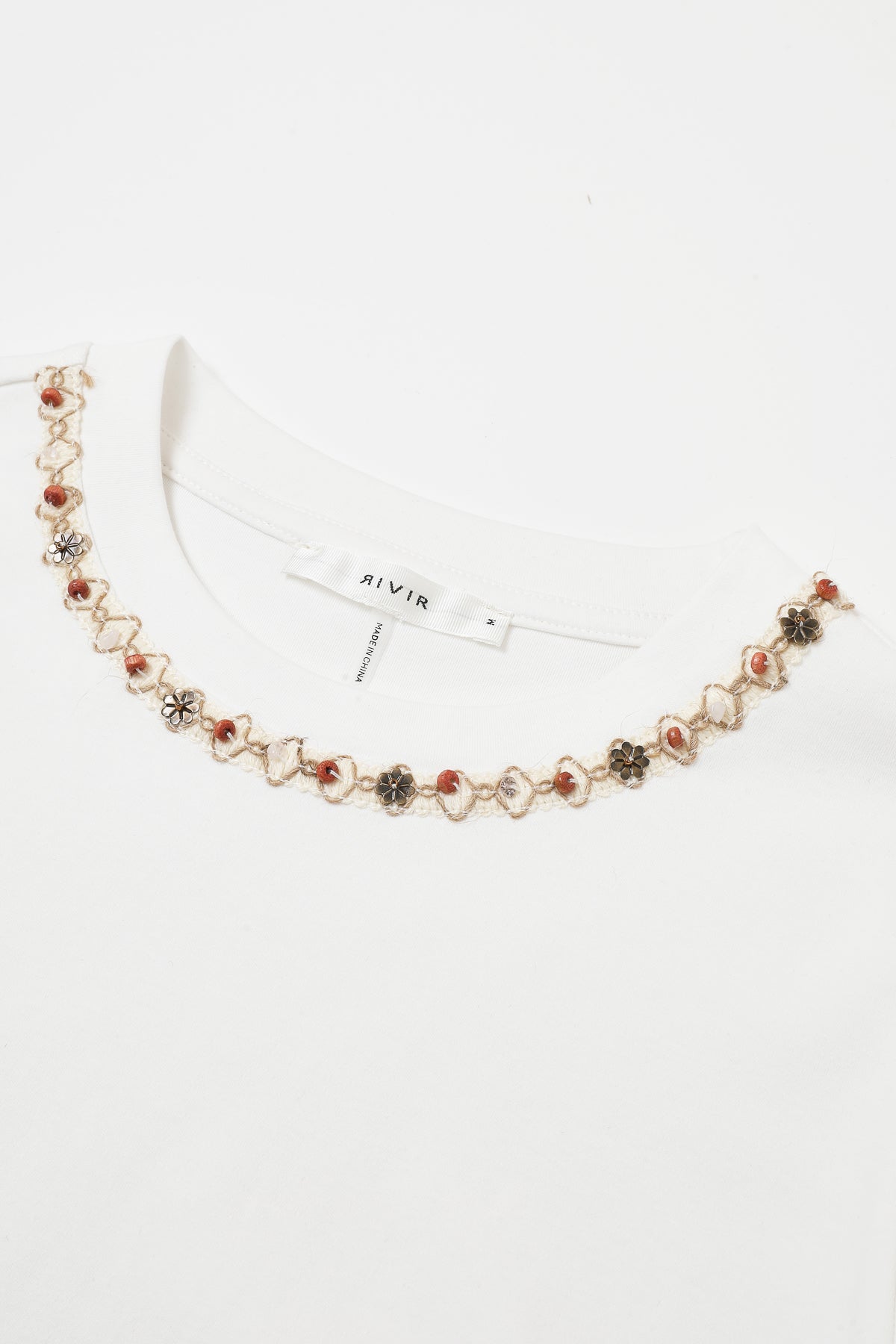 Flower Beaded Trim Knit Short Sleeve Top