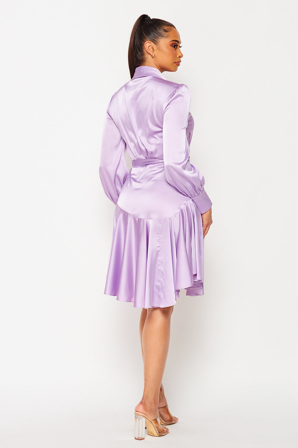 Satin Long Sleeve Wrap Dress