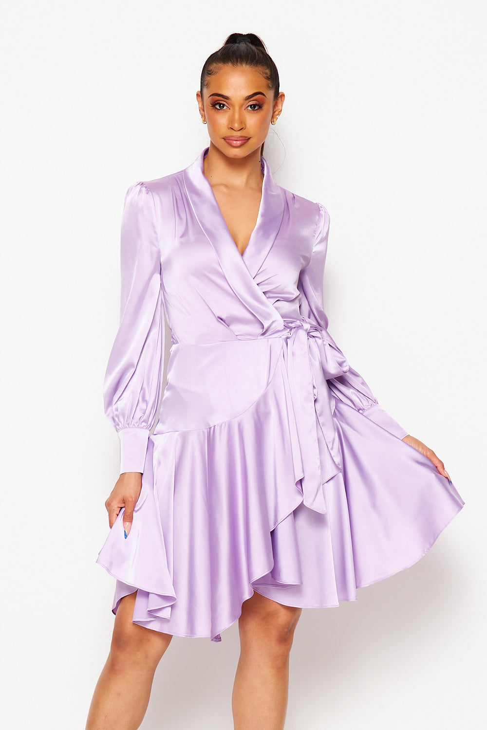 Satin Long Sleeve Wrap Dress