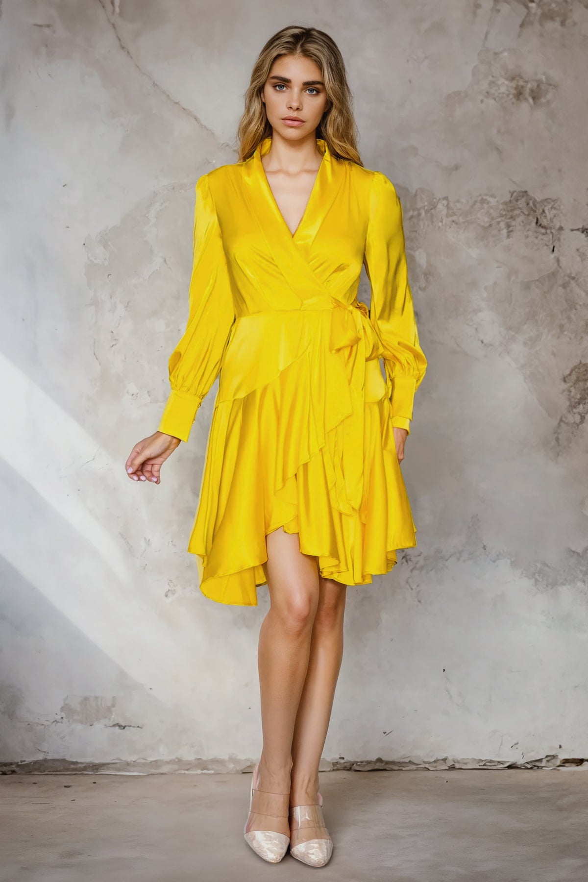 Satin Long Sleeve Wrap Dress