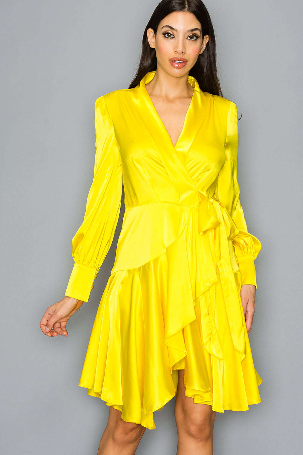 Satin Long Sleeve Wrap Dress