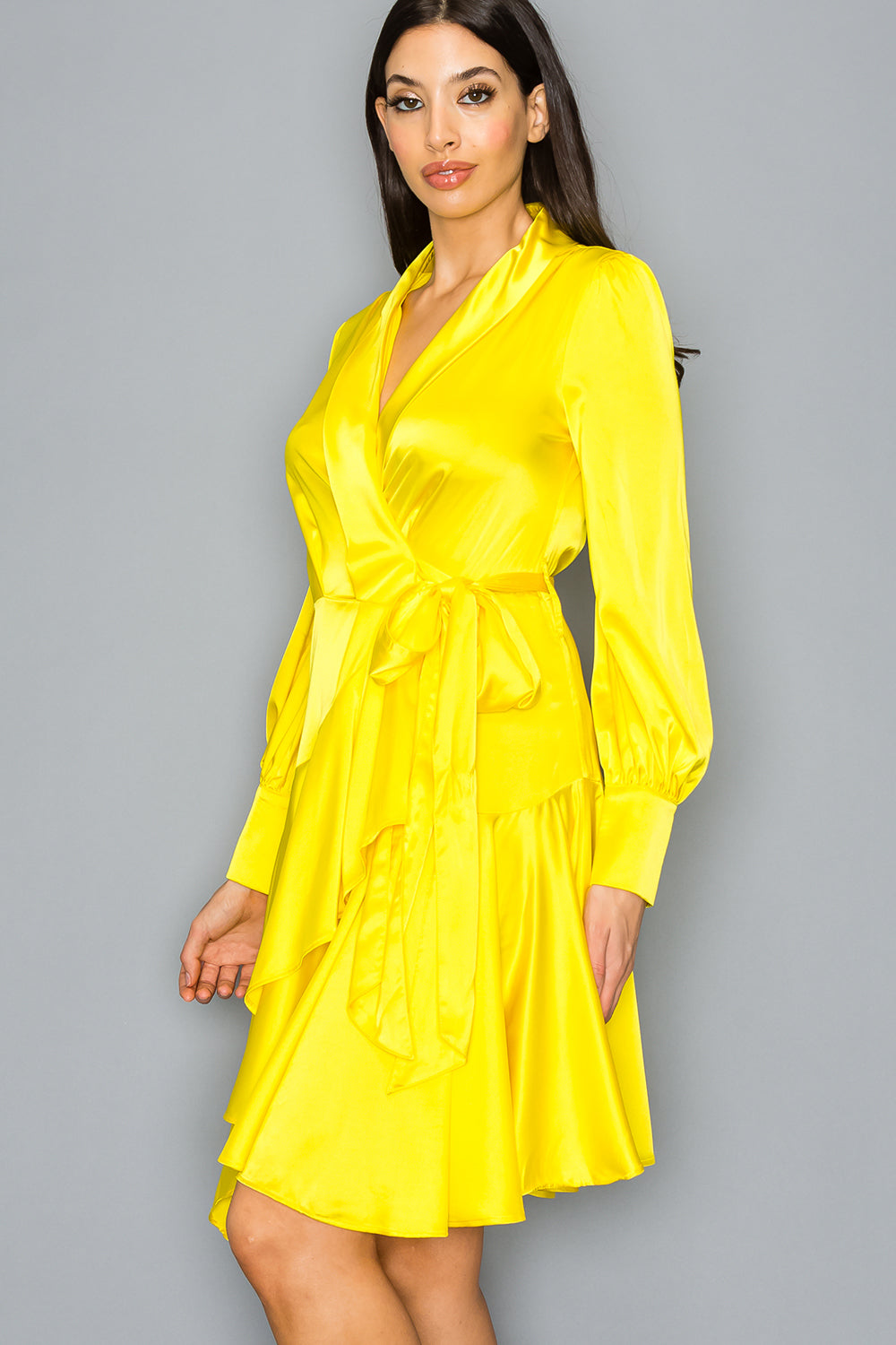 Satin Long Sleeve Wrap Dress