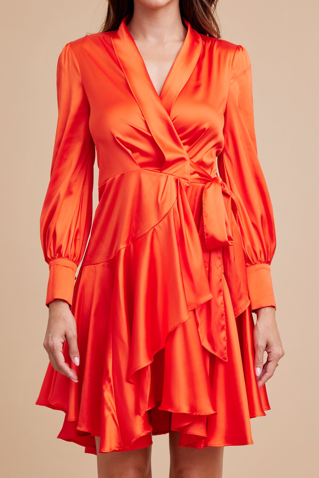 Satin Long Sleeve Wrap Dress