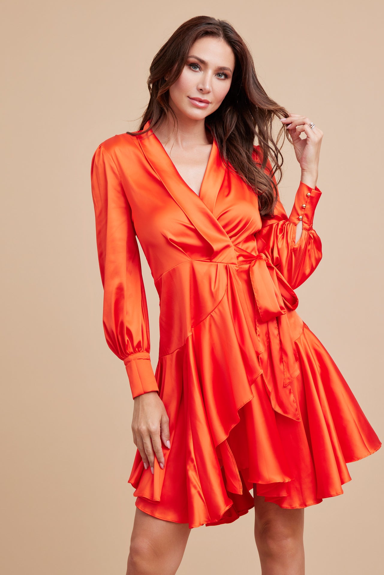 Satin Long Sleeve Wrap Dress
