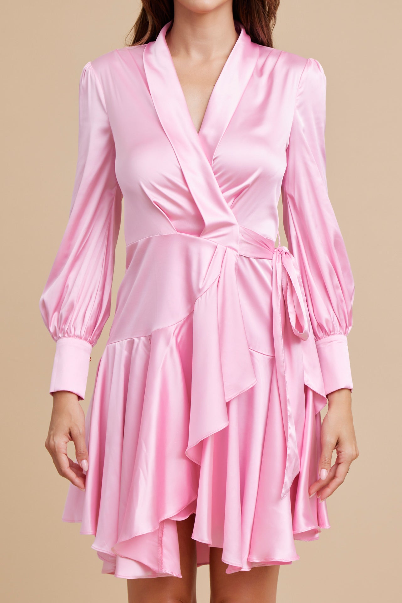 Satin Long Sleeve Wrap Dress