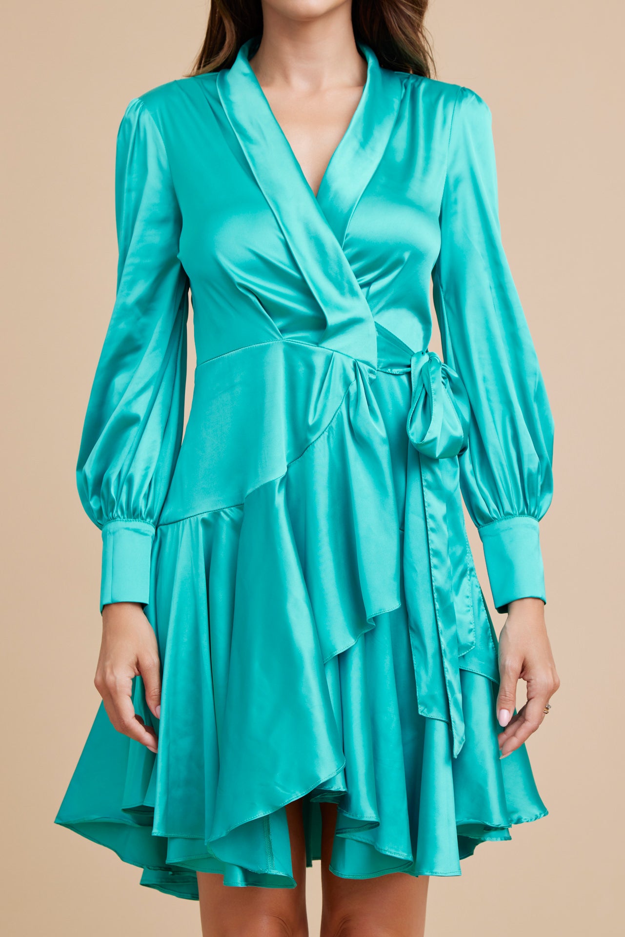 Satin Long Sleeve Wrap Dress