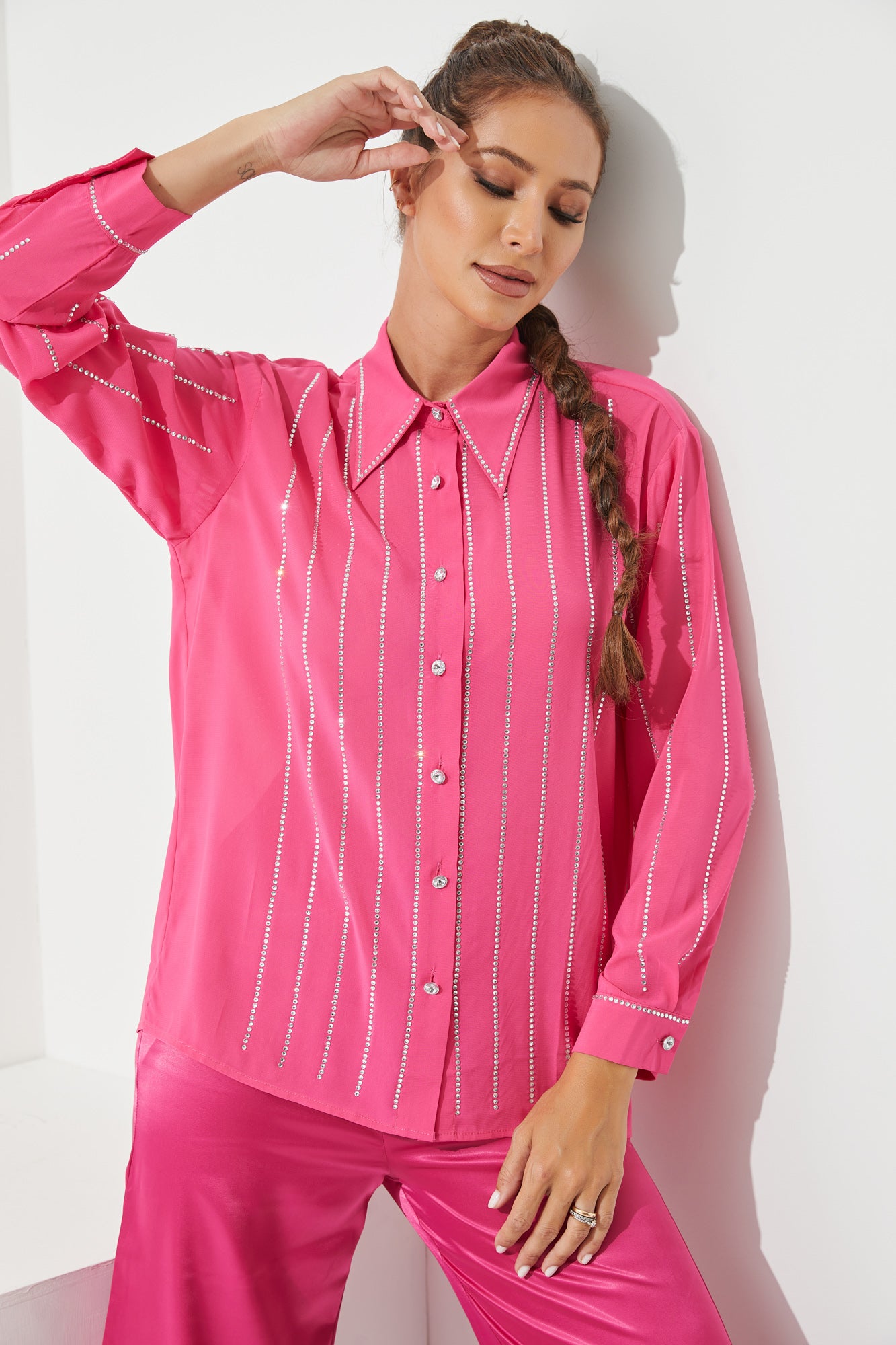 Woven Blouse With Rhinestone Detail