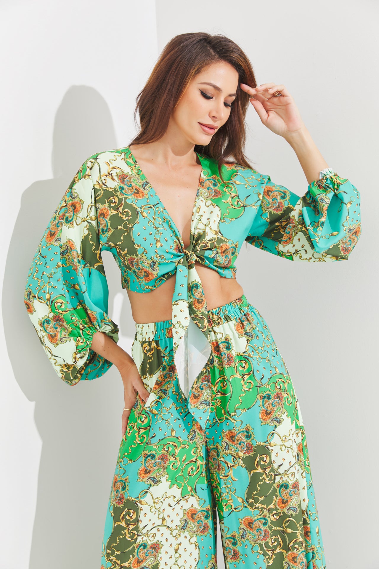 Woven Print 3/4 Sleeve Top and Pants Set