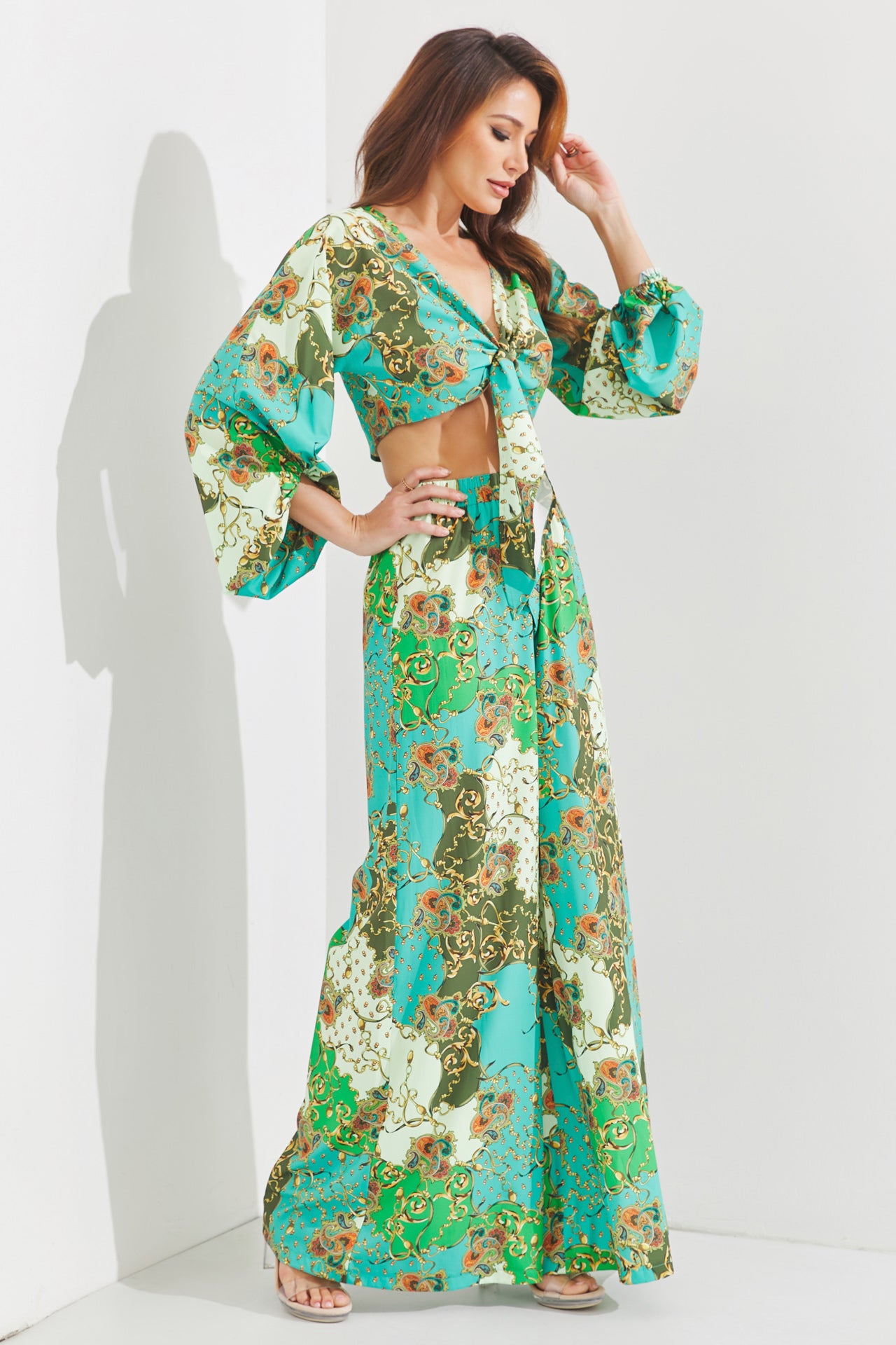 Woven Print 3/4 Sleeve Top and Pants Set