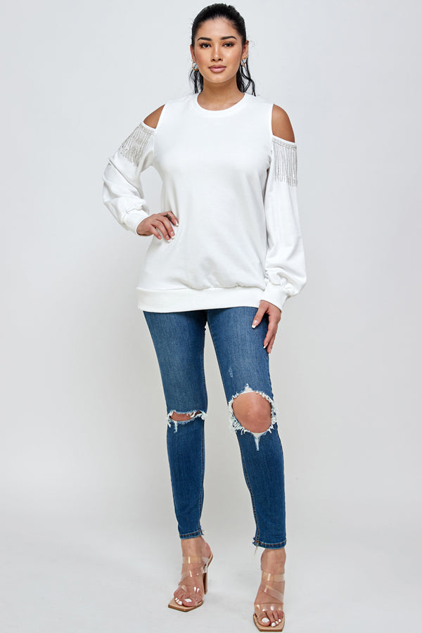 Off Shoulder Beaded Detail Sweatshirt