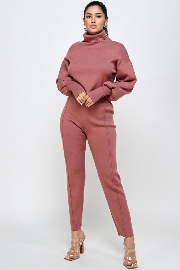 Turtle Neck Knit Top & Bottom Set