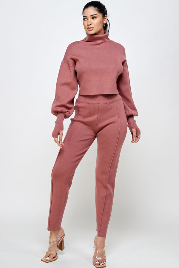 Turtle Neck Knit Top & Bottom Set