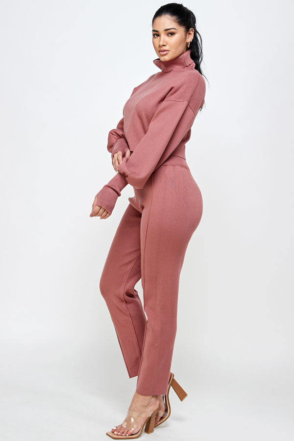 Turtle Neck Knit Top & Bottom Set