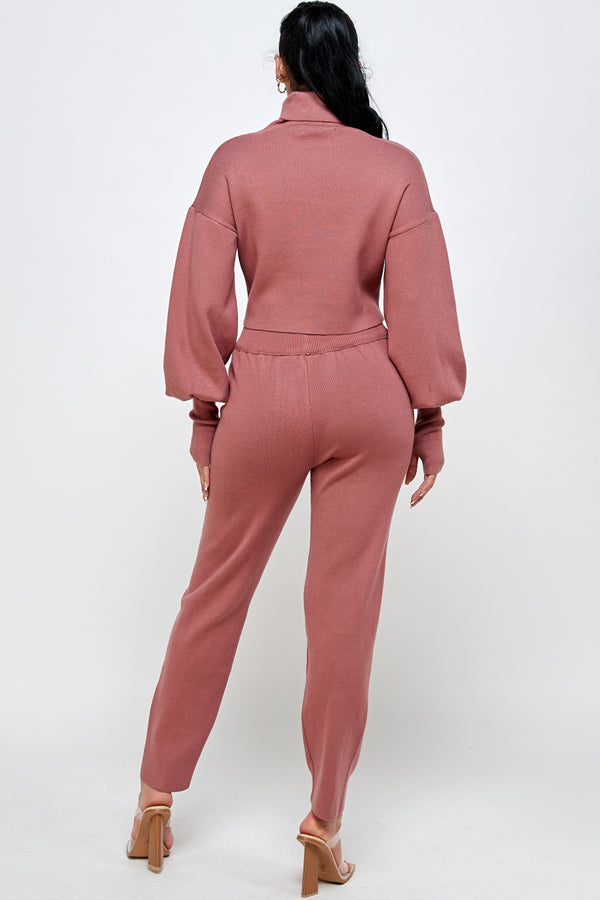 Turtle Neck Knit Top & Bottom Set