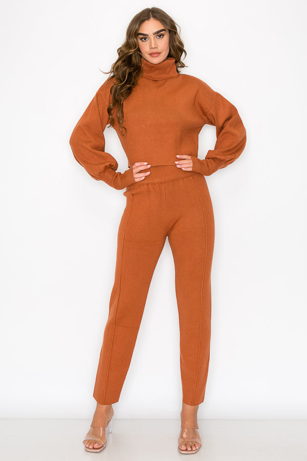 Turtle Neck Knit Top & Bottom Set