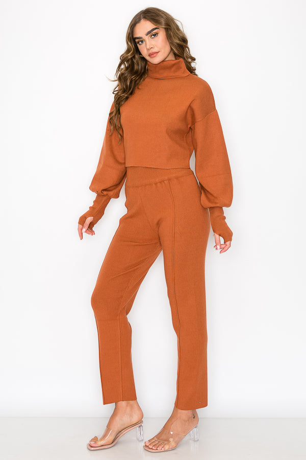 Turtle Neck Knit Top & Bottom Set