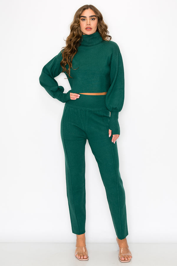 Turtle Neck Knit Top & Bottom Set