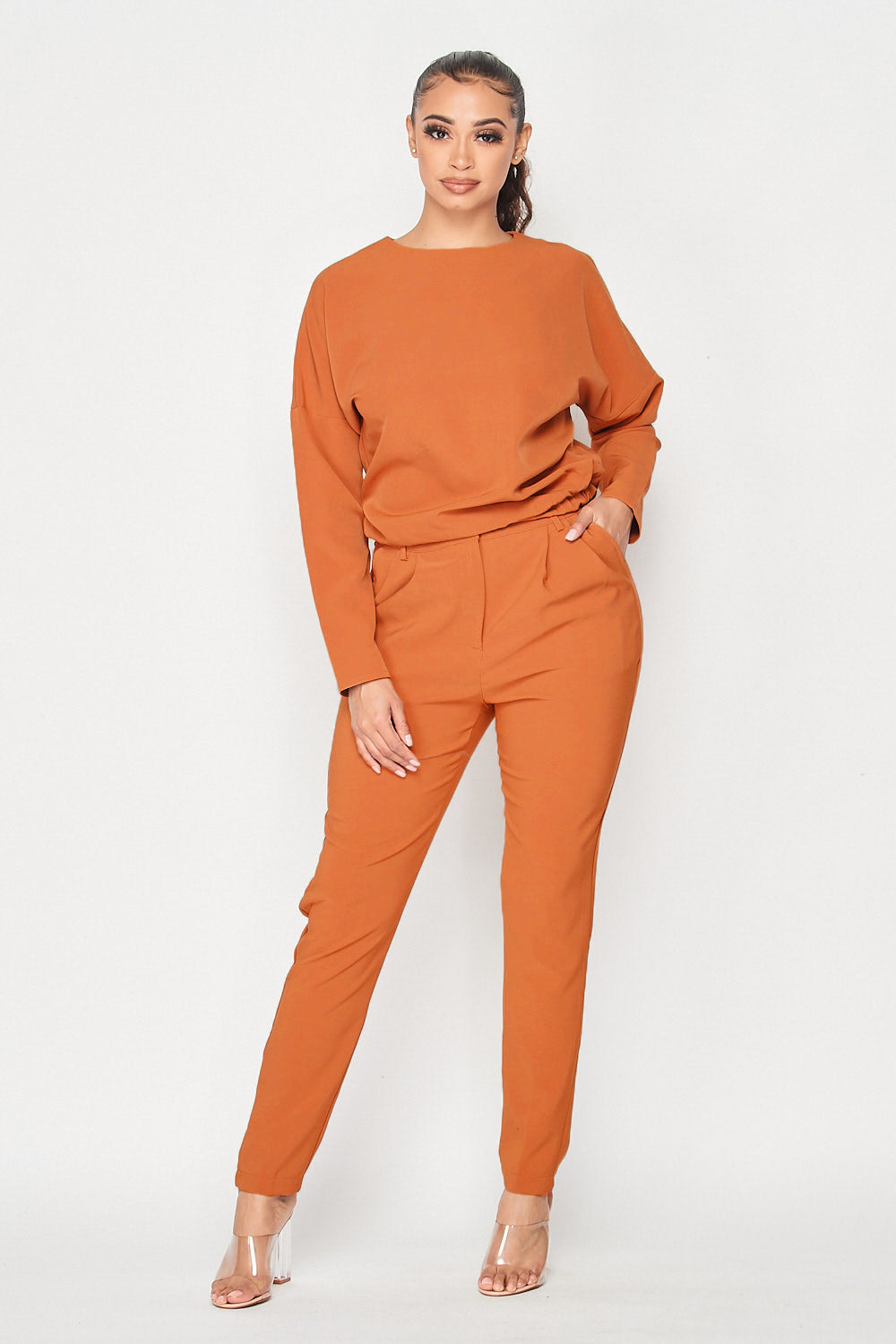 Solid Crop Top and Pants Set