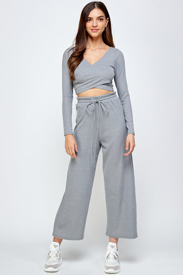Solid Long Sleeve Crop Top and Wide Leg Pants Set
