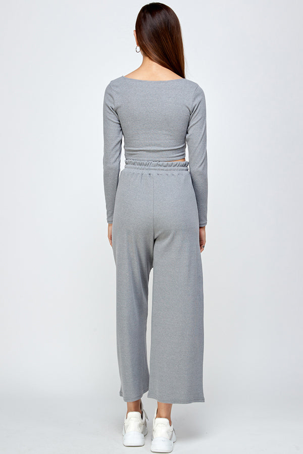 Solid Long Sleeve Crop Top and Wide Leg Pants Set