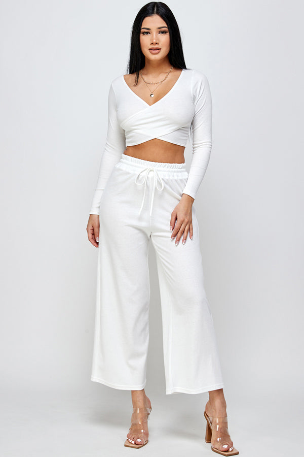 Solid Long Sleeve Crop Top and Wide Leg Pants Set