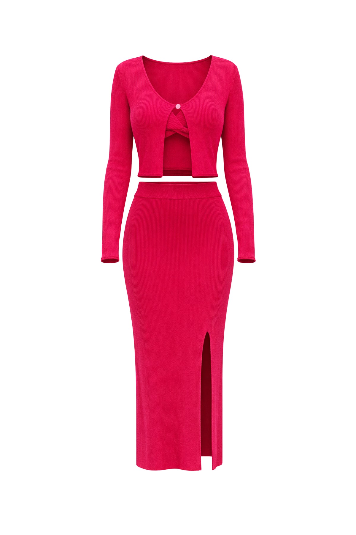 Solid Three Piece Cardigan Crop Top and Skirt Set