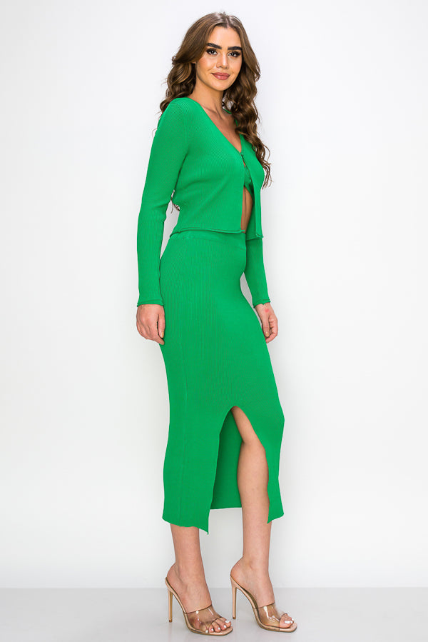 Solid Three Piece Cardigan Crop Top and Skirt Set