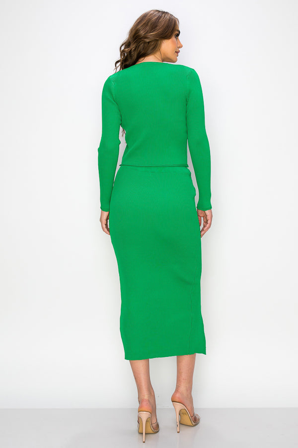 Solid Three Piece Cardigan Crop Top and Skirt Set