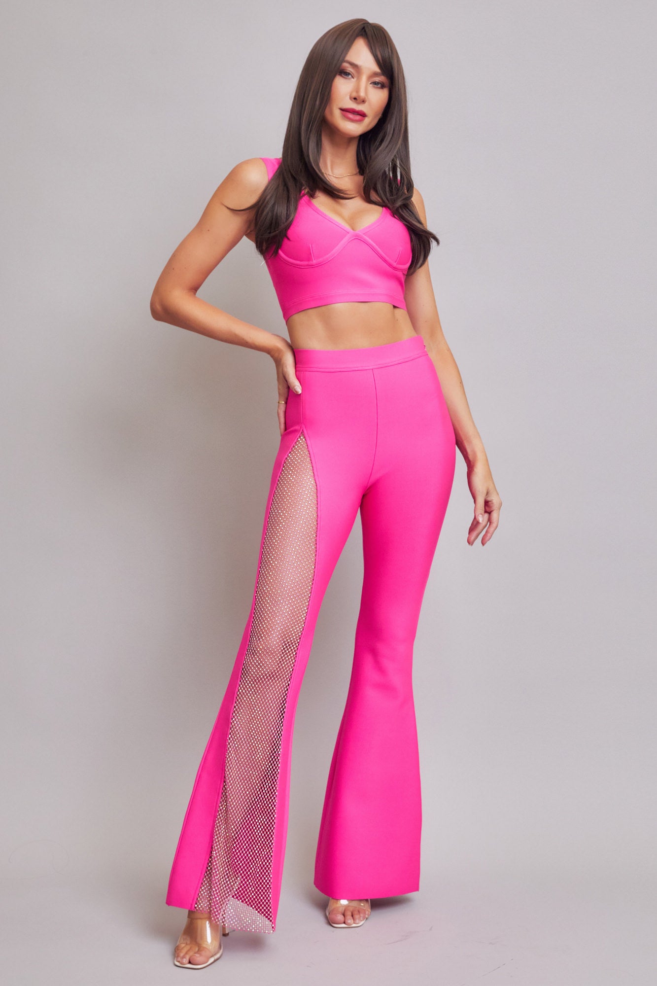 Bandage Crop Top and Bell Bottom Pants With Rhinestones