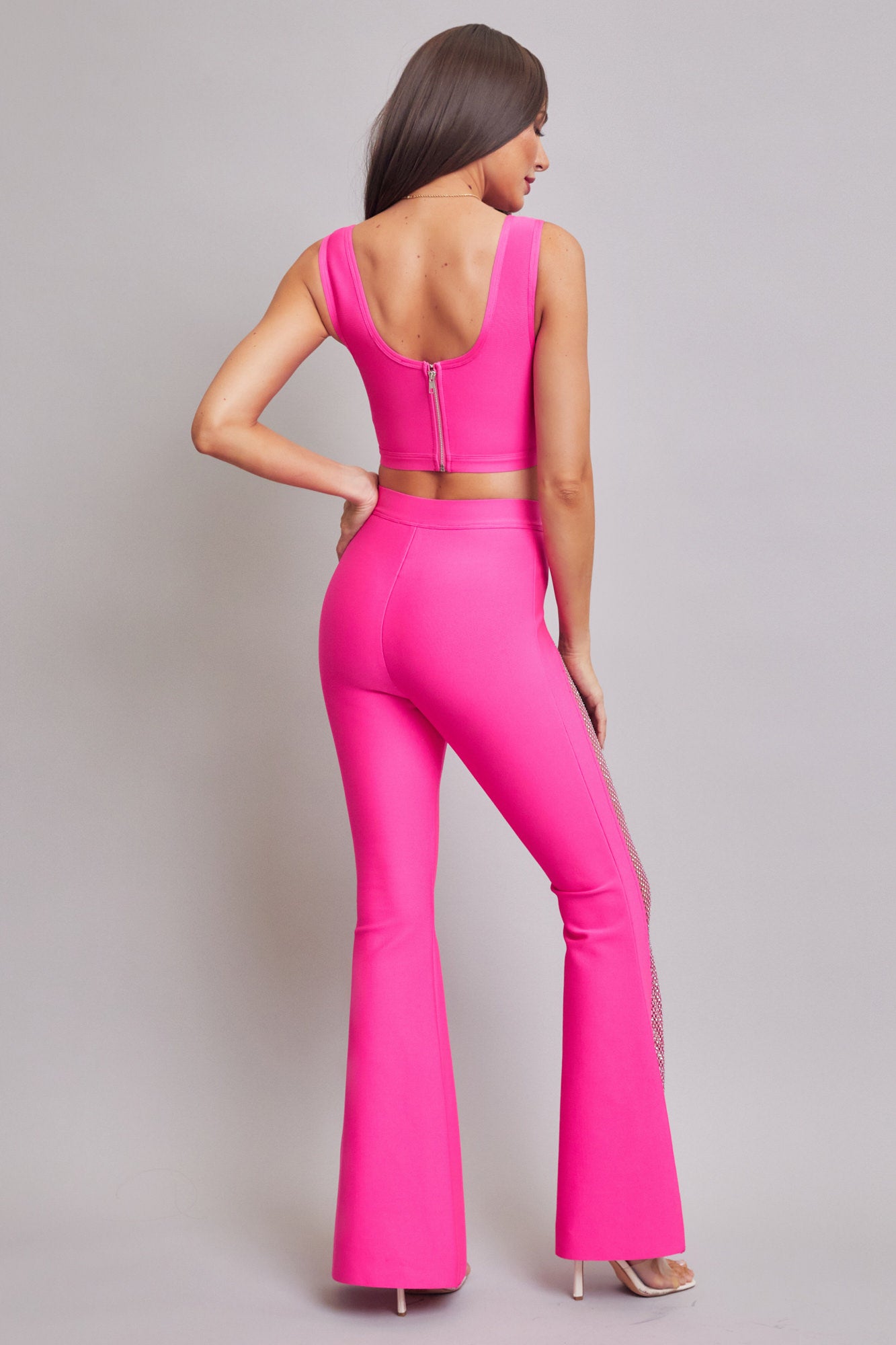 Bandage Crop Top and Bell Bottom Pants With Rhinestones